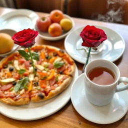 A beautifully arranged table setting featuring a delicious pizza topped with fresh ingredients, accompanied by a vibrant red rose in a small vase
