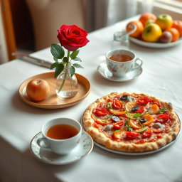 A beautifully arranged table setting featuring a delicious pizza topped with fresh ingredients, accompanied by a vibrant red rose in a small vase