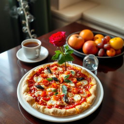 A beautifully arranged table setting featuring a delicious pizza topped with fresh ingredients, accompanied by a vibrant red rose in a small vase