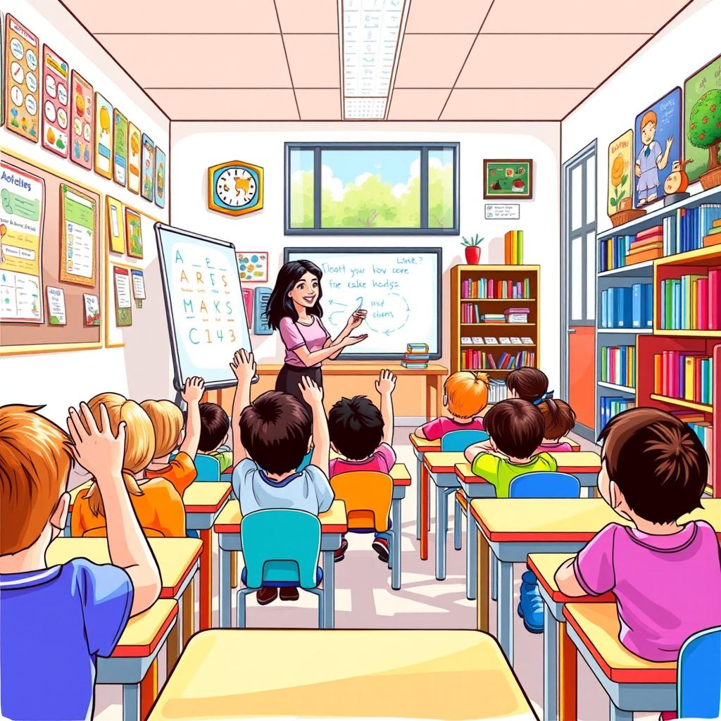 A perspective drawing of a vibrant elementary school classroom filled with engaging educational materials
