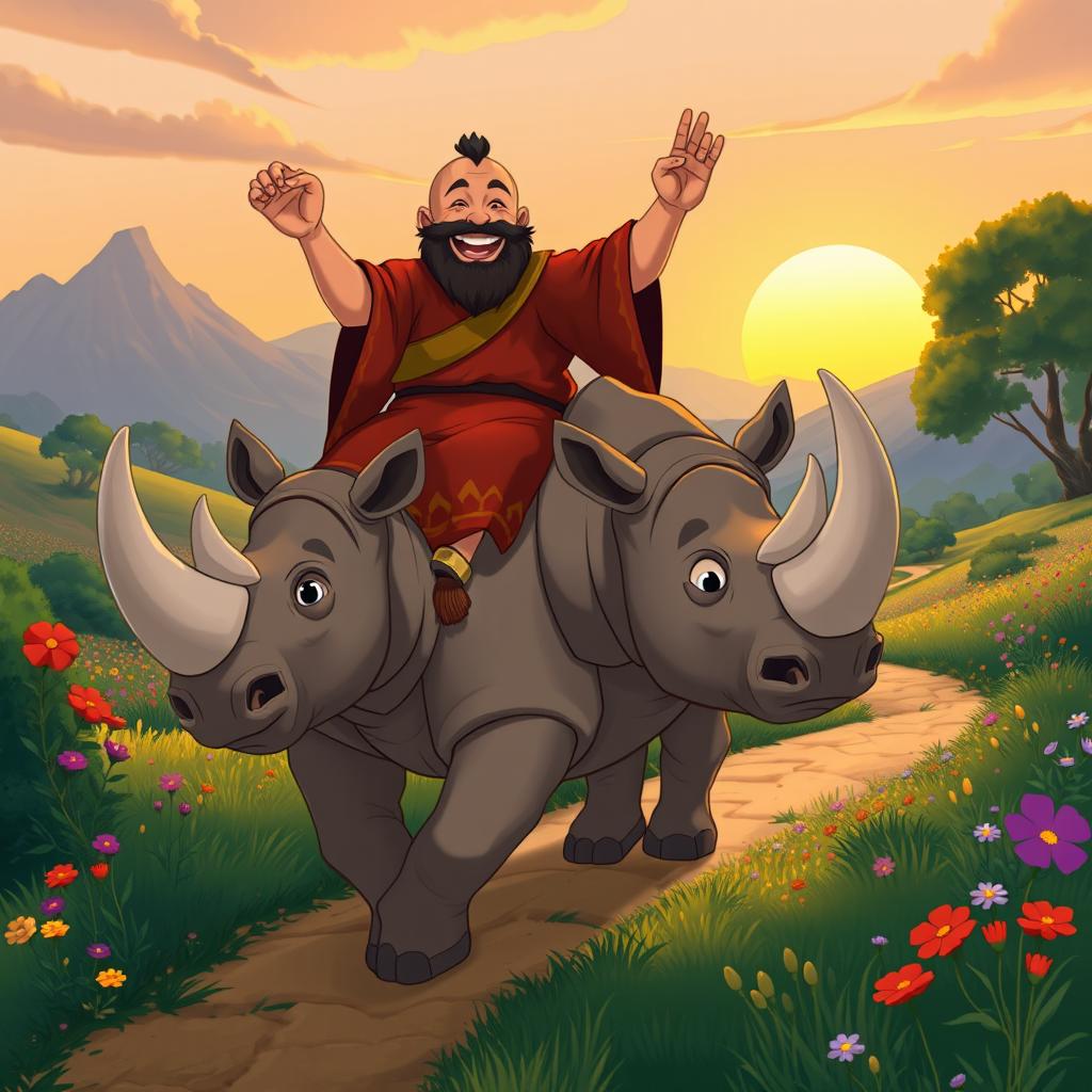 A whimsical scene featuring Uncle Iroh from Avatar: The Last Airbender, joyfully riding a majestic rhino in a vibrant landscape