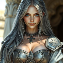 A realistic portrait of an innocent yet alluring female cleric healer, featuring long ash grey hair, striking large breasts, and captivating cyan eyes