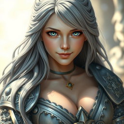 A realistic portrait of an innocent yet alluring female cleric healer, featuring long ash grey hair, striking large breasts, and captivating cyan eyes