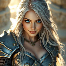 A realistic portrait of an innocent yet alluring female cleric healer, featuring long ash grey hair, striking large breasts, and captivating cyan eyes