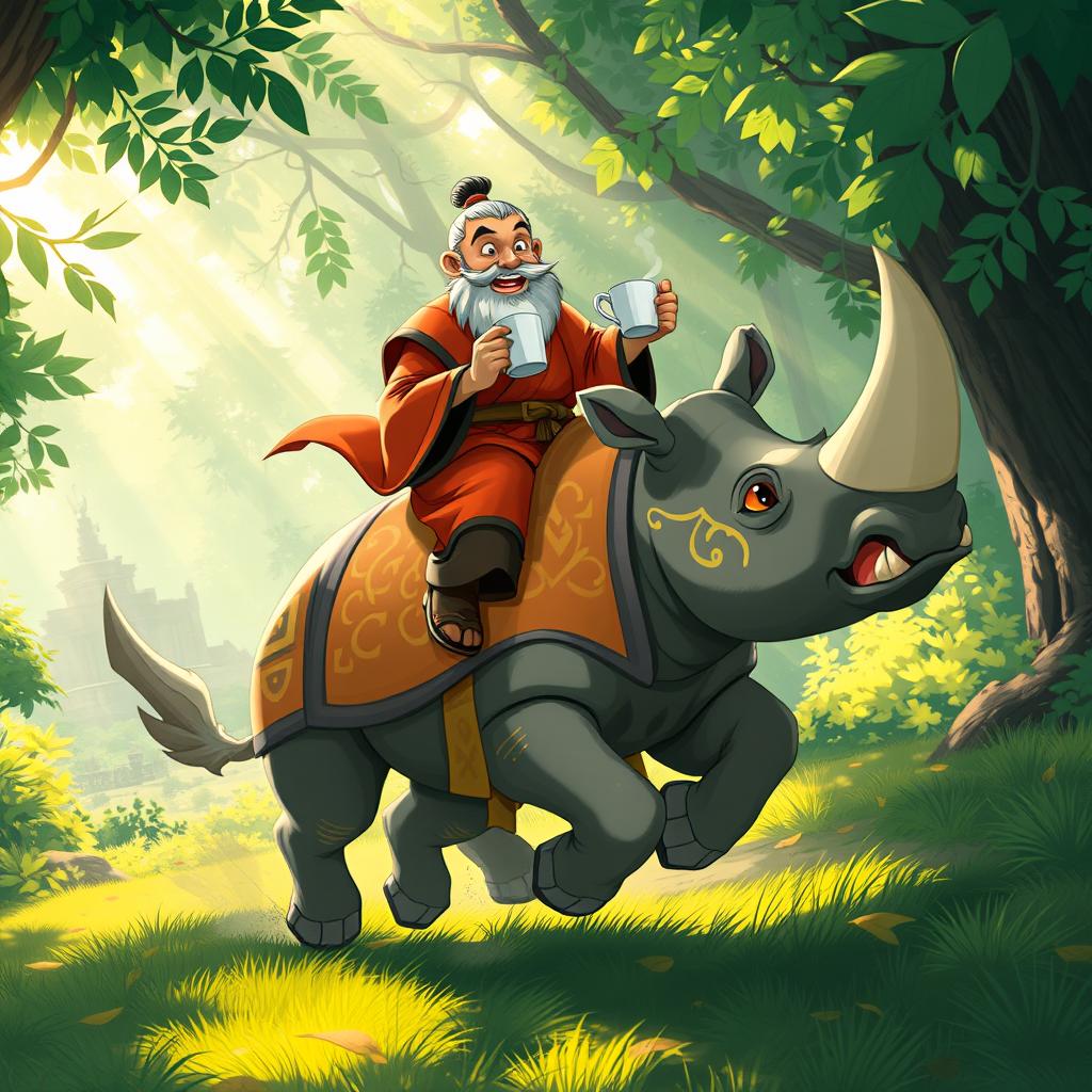 A whimsical and dynamic illustration of Uncle Iroh from Avatar: The Last Airbender riding a majestic rhino through a lush, vibrant forest