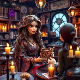 A whimsical scene featuring a gypsy witch Barbie reading tarot cards in an antique coffee shop