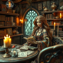 A whimsical scene featuring a gypsy witch Barbie reading tarot cards in an antique coffee shop