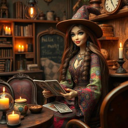 A whimsical scene featuring a gypsy witch Barbie reading tarot cards in an antique coffee shop