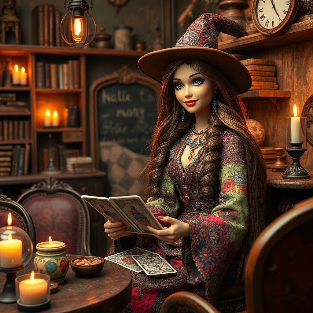 A whimsical scene featuring a gypsy witch Barbie reading tarot cards in an antique coffee shop