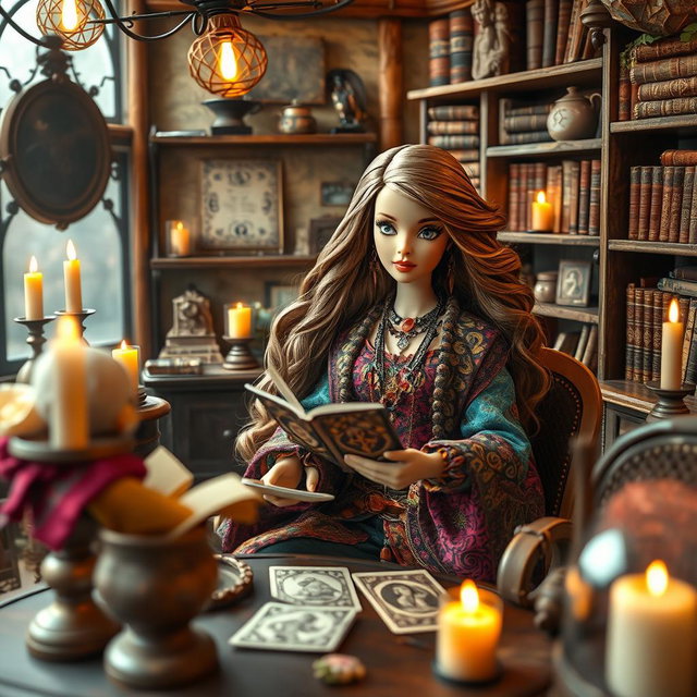 A whimsical scene featuring a gypsy witch Barbie reading tarot cards in an antique coffee shop