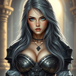 A realistic portrayal of an innocent and attractive busty cleric healer girl, featuring long ash grey hair that cascades beautifully