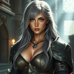 A realistic portrayal of an innocent and attractive busty cleric healer girl, featuring long ash grey hair that cascades beautifully