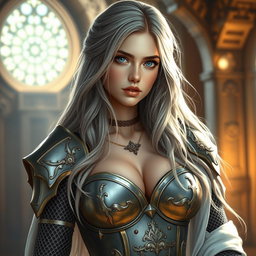 A realistic portrayal of an innocent and attractive busty cleric healer girl, featuring long ash grey hair that cascades beautifully