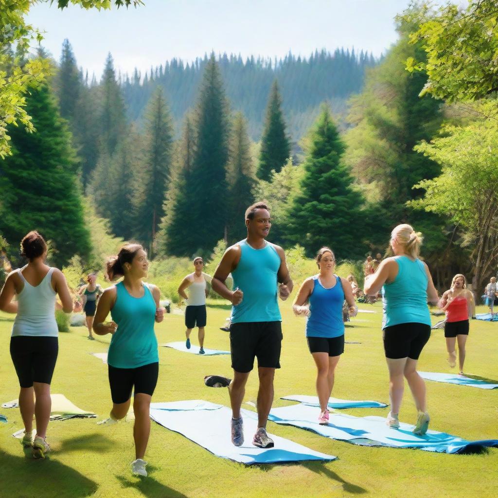 A lively fitness camp in the outdoors, filled with people participating enthusiastically in a variety of activities, such as running, yoga, and team sports. The camp is surrounded by lush greenery and a clear blue sky.