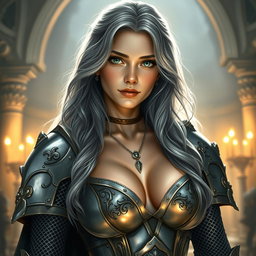 A realistic portrayal of an innocent and attractive busty cleric healer girl, featuring long ash grey hair that cascades beautifully