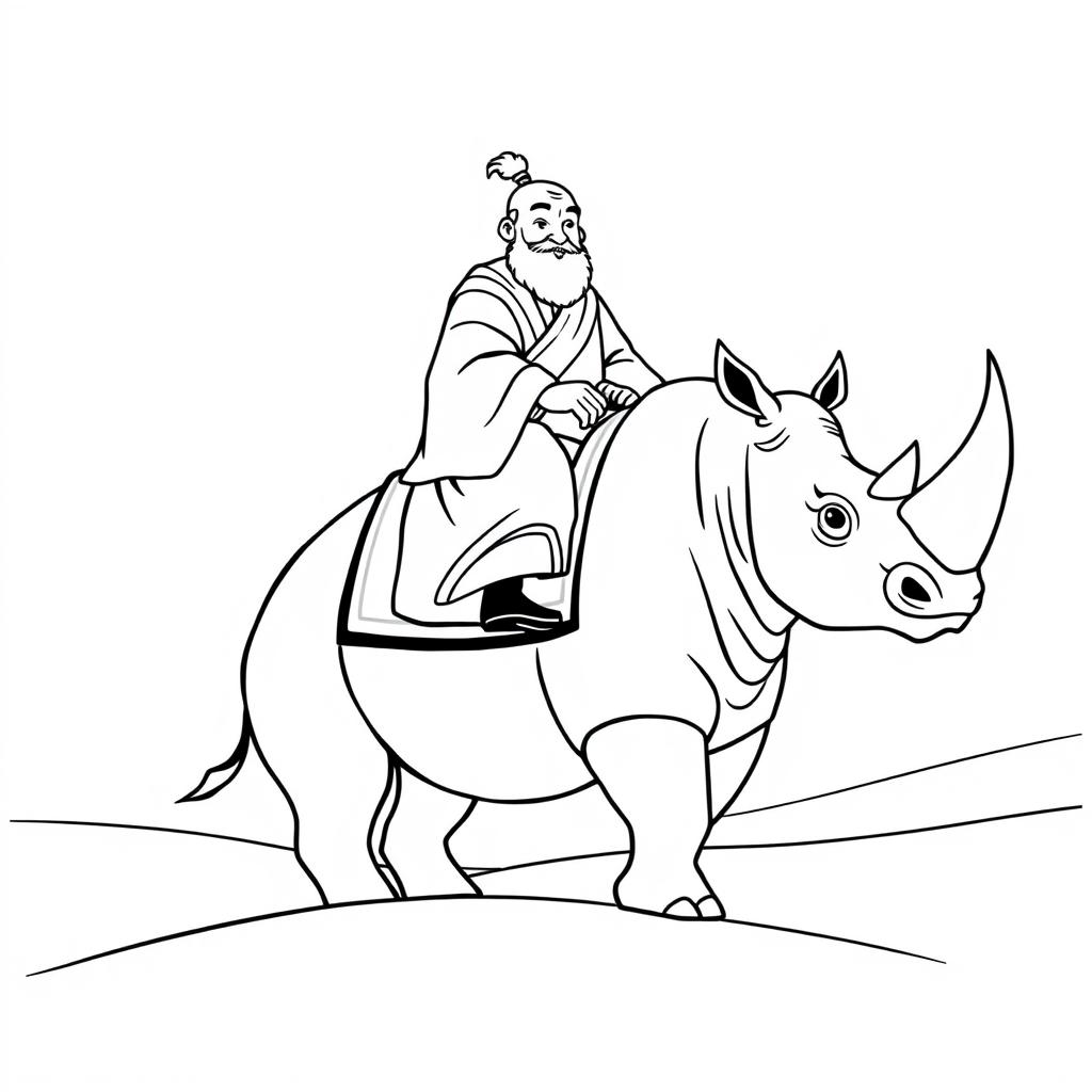 A minimalist black and white illustration of Uncle Iroh from Avatar, depicted riding a majestic rhino
