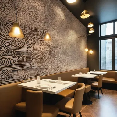 The trendy café had walls adorned with intricate amylum patterns, giving it a modern and elegant touch.