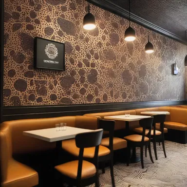 The trendy café had walls adorned with intricate amylum patterns, giving it a modern and elegant touch.