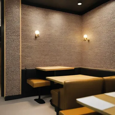 The trendy café had walls adorned with intricate amylum patterns, giving it a modern and elegant touch.