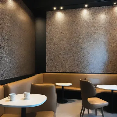 The trendy café had walls adorned with intricate amylum patterns, giving it a modern and elegant touch.