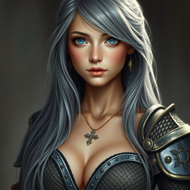 A realistic portrait of an innocent, attractive, and shy cleric healer girl