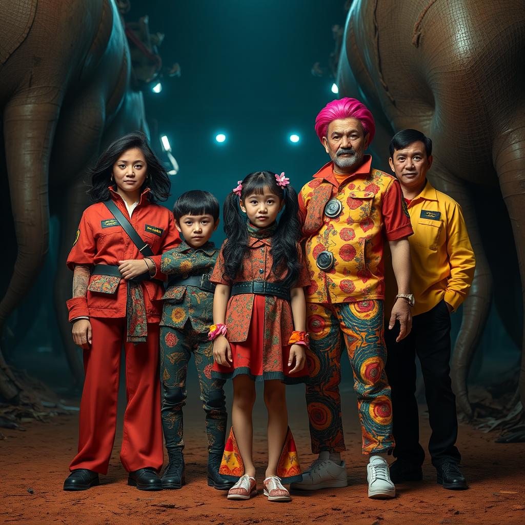 A family portrait set in a dystopian, tense atmosphere reminiscent of a survival game like Squid Game