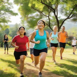 A lively fitness camp in the outdoors, filled with people participating enthusiastically in a variety of activities, such as running, yoga, and team sports. The camp is surrounded by lush greenery and a clear blue sky.