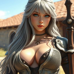 A realistic portrayal of an innocent yet attractive cleric healer girl, featuring long ash grey hair and large breasts