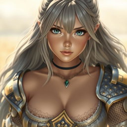 A realistic portrayal of an innocent yet attractive cleric healer girl, featuring long ash grey hair and large breasts