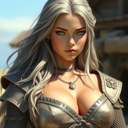 A realistic portrayal of an innocent yet attractive cleric healer girl, featuring long ash grey hair and large breasts