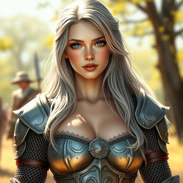 A realistic portrayal of an innocent yet attractive cleric healer girl, featuring long ash grey hair and large breasts