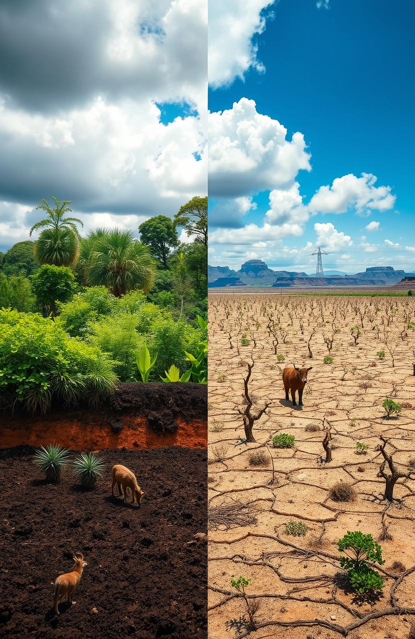 A visually striking representation of the impact of climate change on organic matter production, showcasing a split scene: on one side, a thriving, vibrant ecosystem full of lush vegetation, healthy soil, and diverse wildlife, depicting the ideal conditions for organic matter production; on the other side, a stark contrast with a desolate landscape affected by climate change, featuring drought-stricken soil, wilted plants, and diminished wildlife