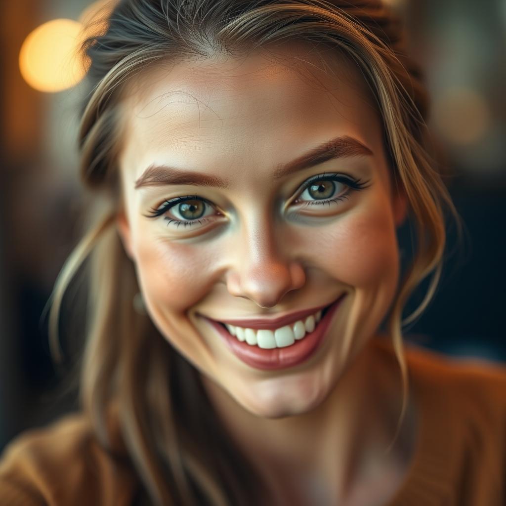 A close-up portrait of a smiling individual with a charming and photogenic face, showcasing clear skin, bright eyes, and a warm expression