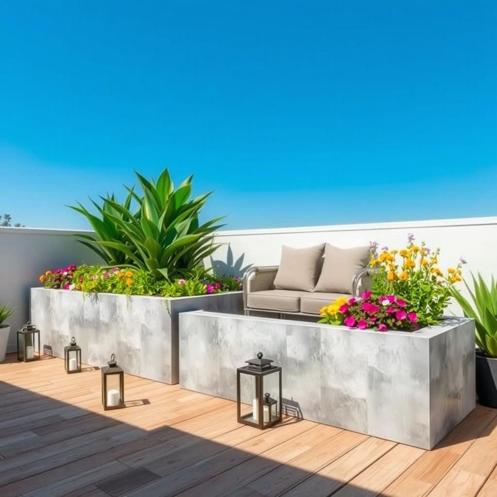 A modern concrete planter box that incorporates a stylish sitting area, featuring sleek, minimalist design elements