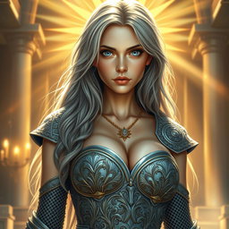 A realistic depiction of an innocent attractive busty sun cleric healer girl, featuring long ash grey hair and large breasts, with striking cyan eyes and a distinctly European facial structure