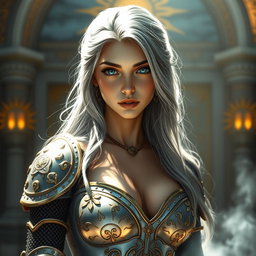 A realistic depiction of an innocent attractive busty sun cleric healer girl, featuring long ash grey hair and large breasts, with striking cyan eyes and a distinctly European facial structure