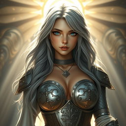 A realistic depiction of an innocent attractive busty sun cleric healer girl, featuring long ash grey hair and large breasts, with striking cyan eyes and a distinctly European facial structure
