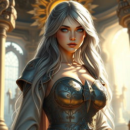 A realistic depiction of an innocent attractive busty sun cleric healer girl, featuring long ash grey hair and large breasts, with striking cyan eyes and a distinctly European facial structure