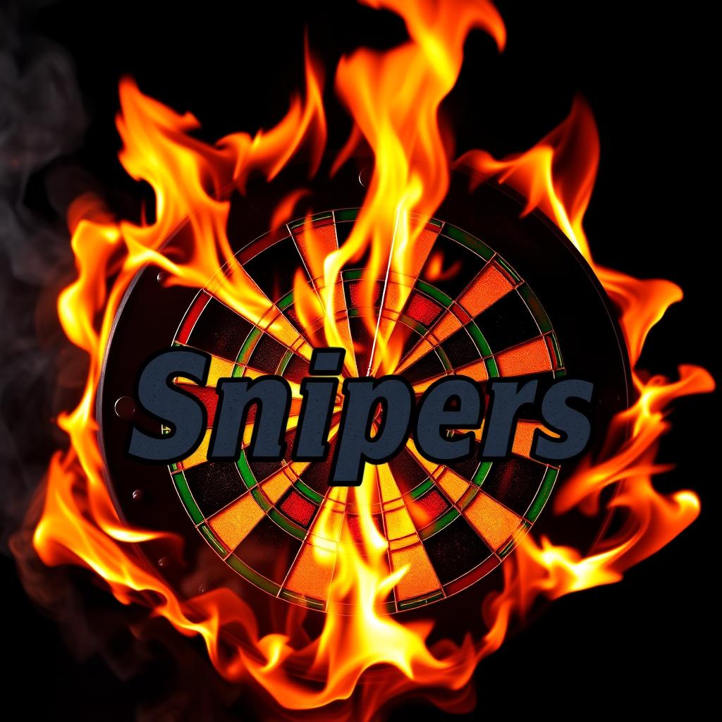 A modern dartboard engulfed in vibrant flames, with the word "Snipers" displayed boldly across the image