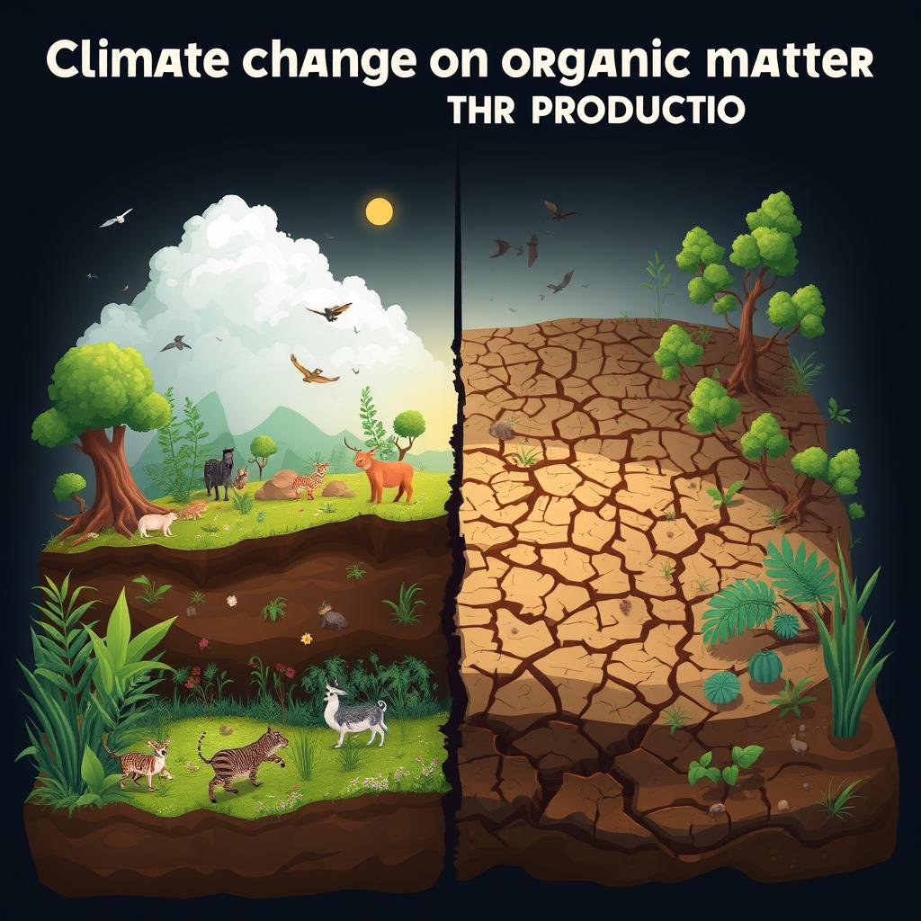 A compelling illustration depicting the impact of climate change on organic matter production