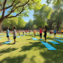 A lively fitness camp in the outdoors, filled with people participating enthusiastically in a variety of activities, such as running, yoga, and team sports. The camp is surrounded by lush greenery and a clear blue sky.