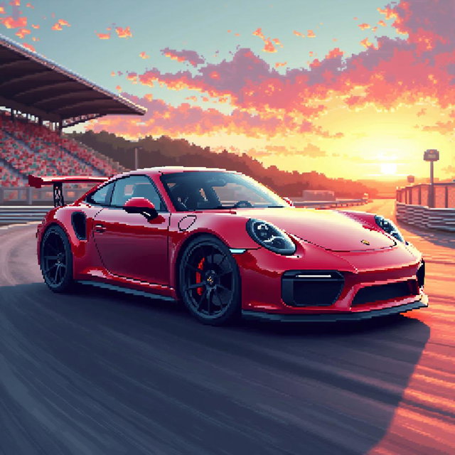 A stunning pixel art representation of a sleek Porsche sports car, showcasing the car's iconic design and curves in a vibrant color palette