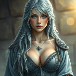 A realistic portrait of a sun cleric healer, a kind and shy girl with a slim figure