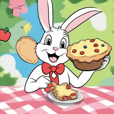 In the cartoon episode, the clever rabbit outsmarted his foes by tricking them into eating an amylum-filled pie that immobilized them.
