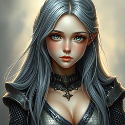 A slim, shy girl characterized as a Sun Cleric healer, featuring long grey hair that flows elegantly