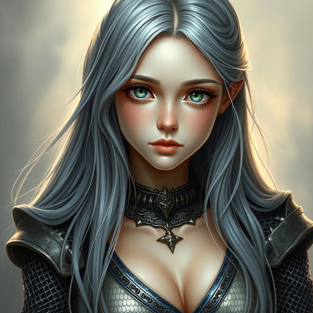 A slim, shy girl characterized as a Sun Cleric healer, featuring long grey hair that flows elegantly