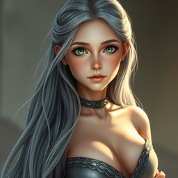 A slim, shy girl characterized as a Sun Cleric healer, featuring long grey hair that flows elegantly