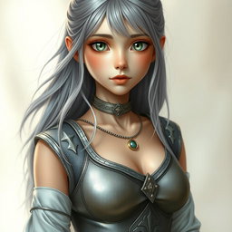 A slim, shy girl characterized as a Sun Cleric healer, featuring long grey hair that flows elegantly