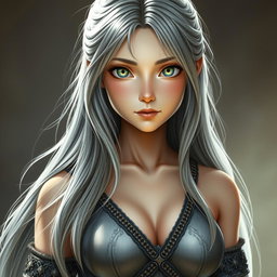 A slim, shy girl characterized as a Sun Cleric healer, featuring long grey hair that flows elegantly