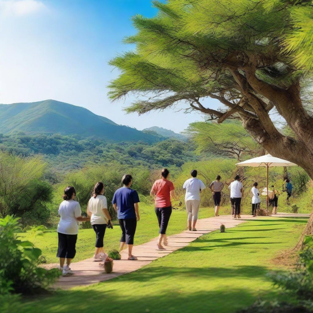 A wellness retreat in a serene environment, bustling with participants of various sizes engaged in different healthy activities such as walking, fitness exercises, and nutritious cooking workshops. The setting is filled with verdant landscapes under a calm, blue sky.